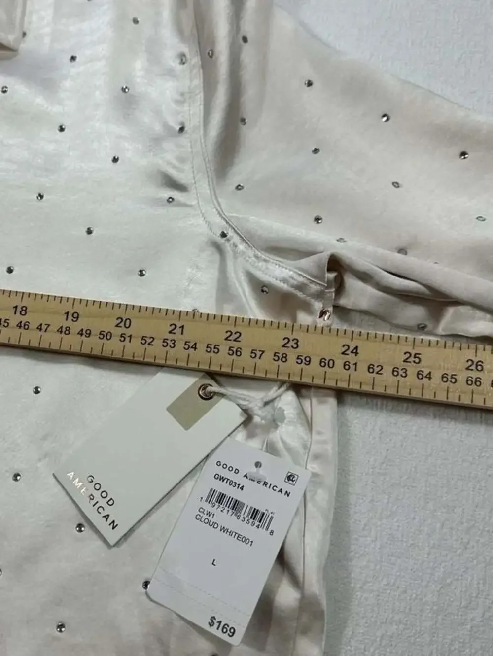 Good American Crystal Embellished Cropped Satin Shirt Cloud White Large - Picture 8 of 12